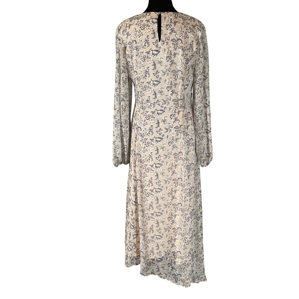 Farrow Floral Long Sleeve Midi Dress Beige Blue Chiffon Size Medium - Picture 4 of 9